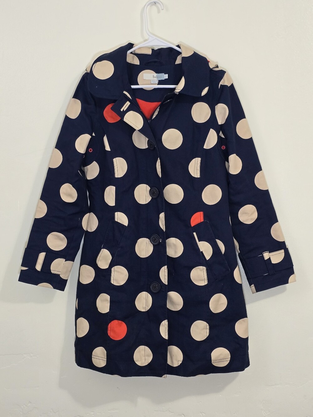 Boden Coat Womens 6 Blue/White Hooded Rain Jacket Fleece Lined Polka Dot Trench